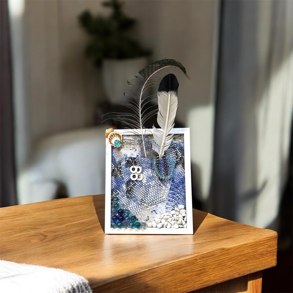 Decorative Jean Pocket Art with Feathers and Jewelry